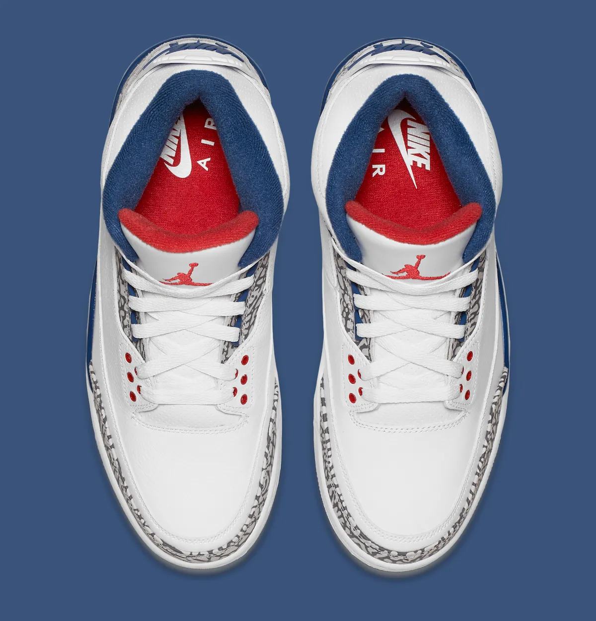 Air Jordan 3 OG True Blue 2026 top-down view Elephant print toe box suede detail