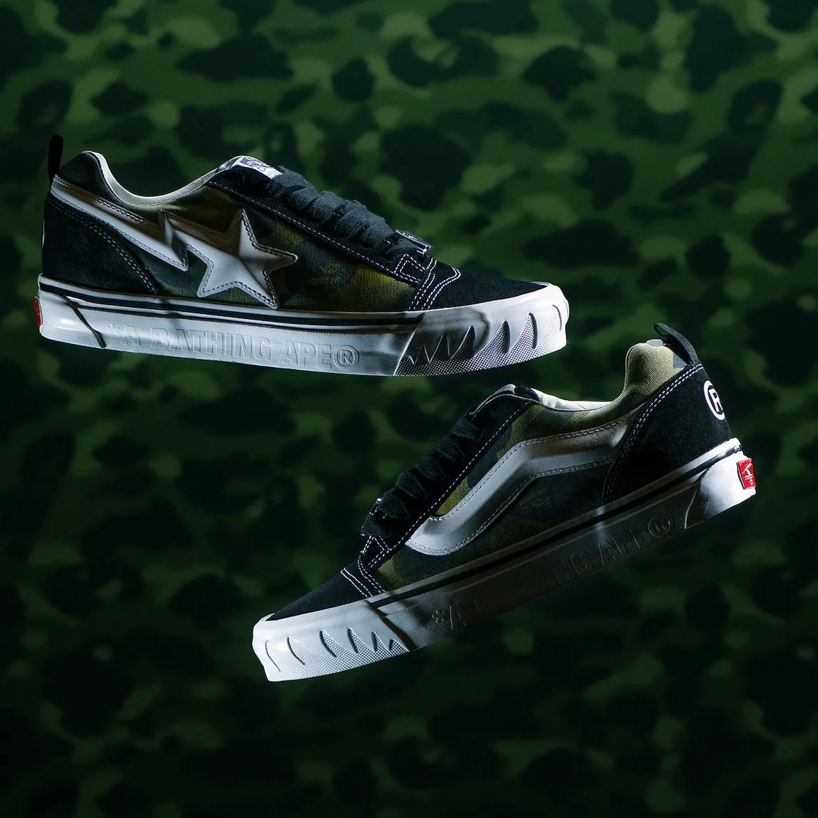BAPE x Vans Knu Skool Color Camo and Color Camo Black side by side, floating product shot on camo background