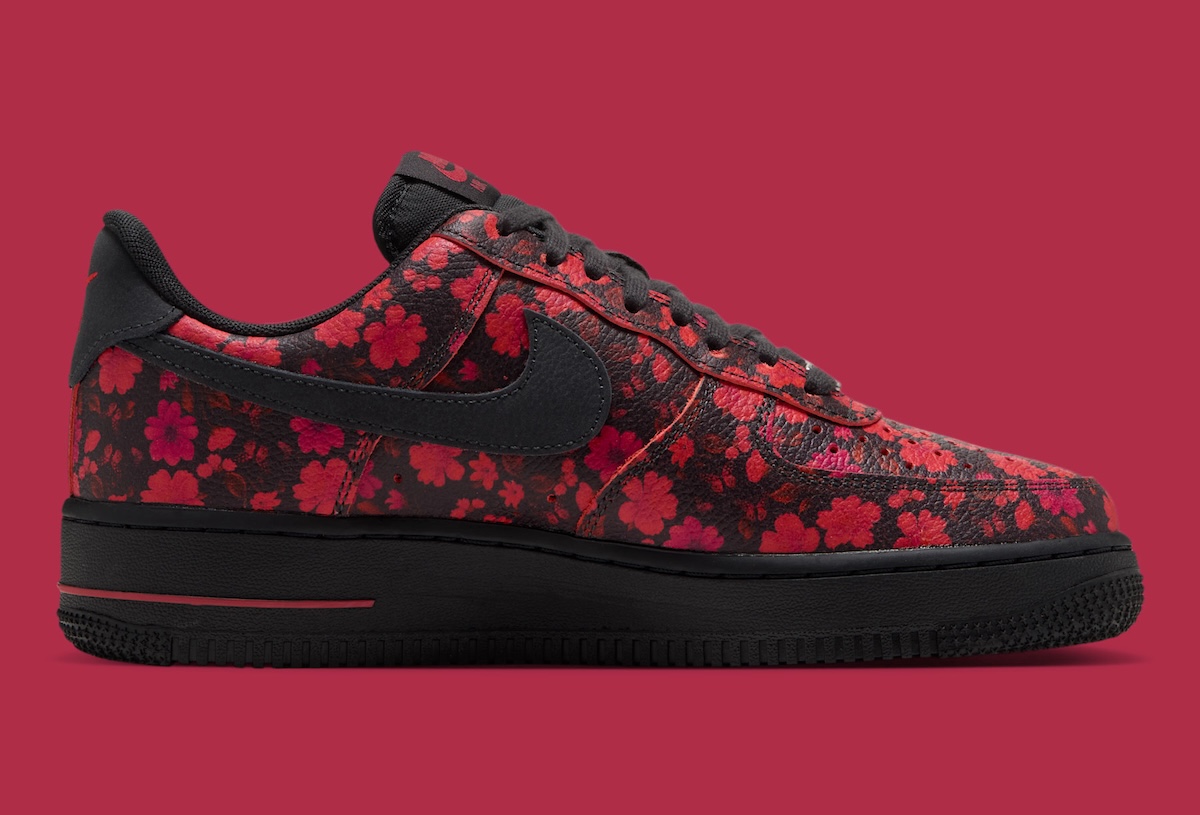 Nike Air Force 1 Low Floral 2026 pair shot on-feet angle showing red heel and AIR text detail