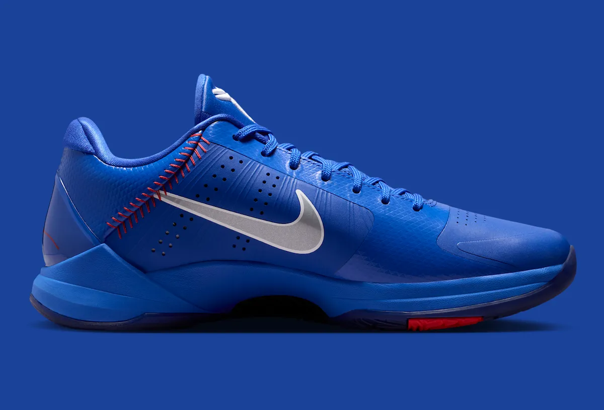 Nike Kobe 5 Protro Dodgers heel detail with red baseball stitching and snakeskin texture panel