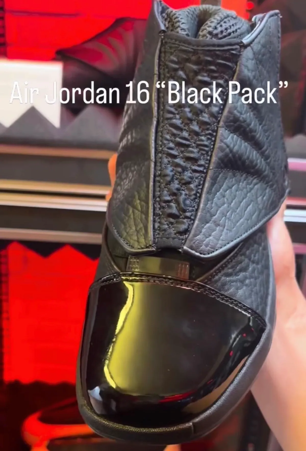 Air Jordan 16 Black Pack IZ2586-001 side profile with removable shroud and patent leather toe, October 2026