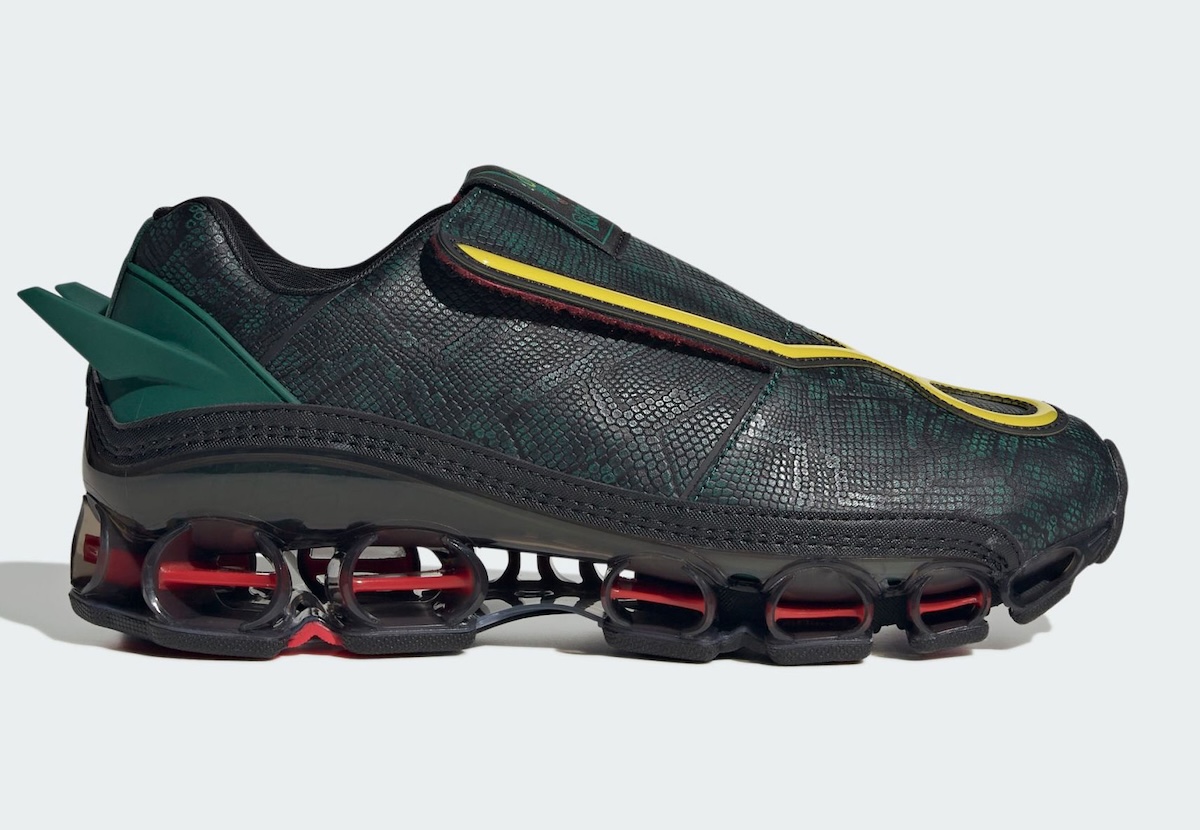 Pokémon x adidas F50 Tunit Megaride Rayquaza KI5325 green and yellow, $200, September 2026 launch