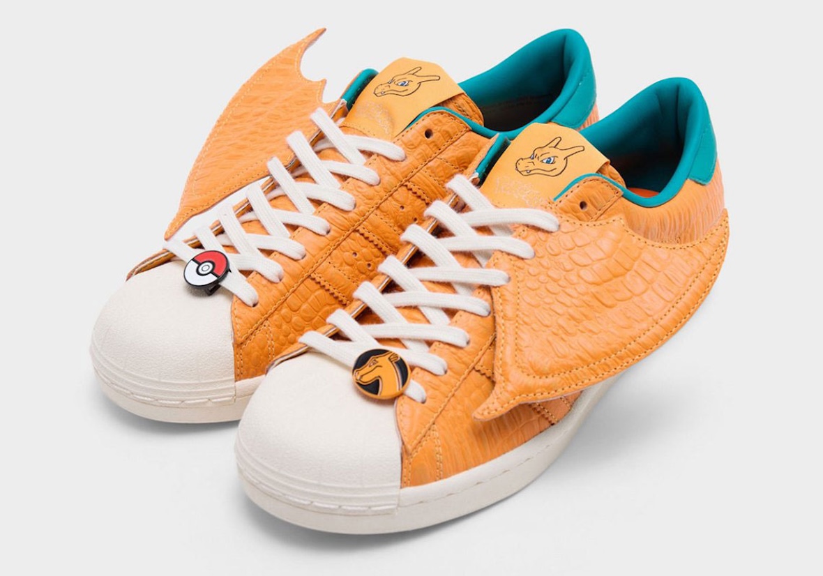 Pokémon x adidas Superstar Vintage Charizard KI2861 orange scaled upper with wing flap, $180