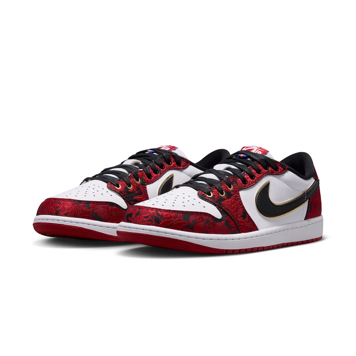 Air Jordan 1 Low OG Last Dance at the Garden IR0088-001 pair front angle red floral jacquard 2026