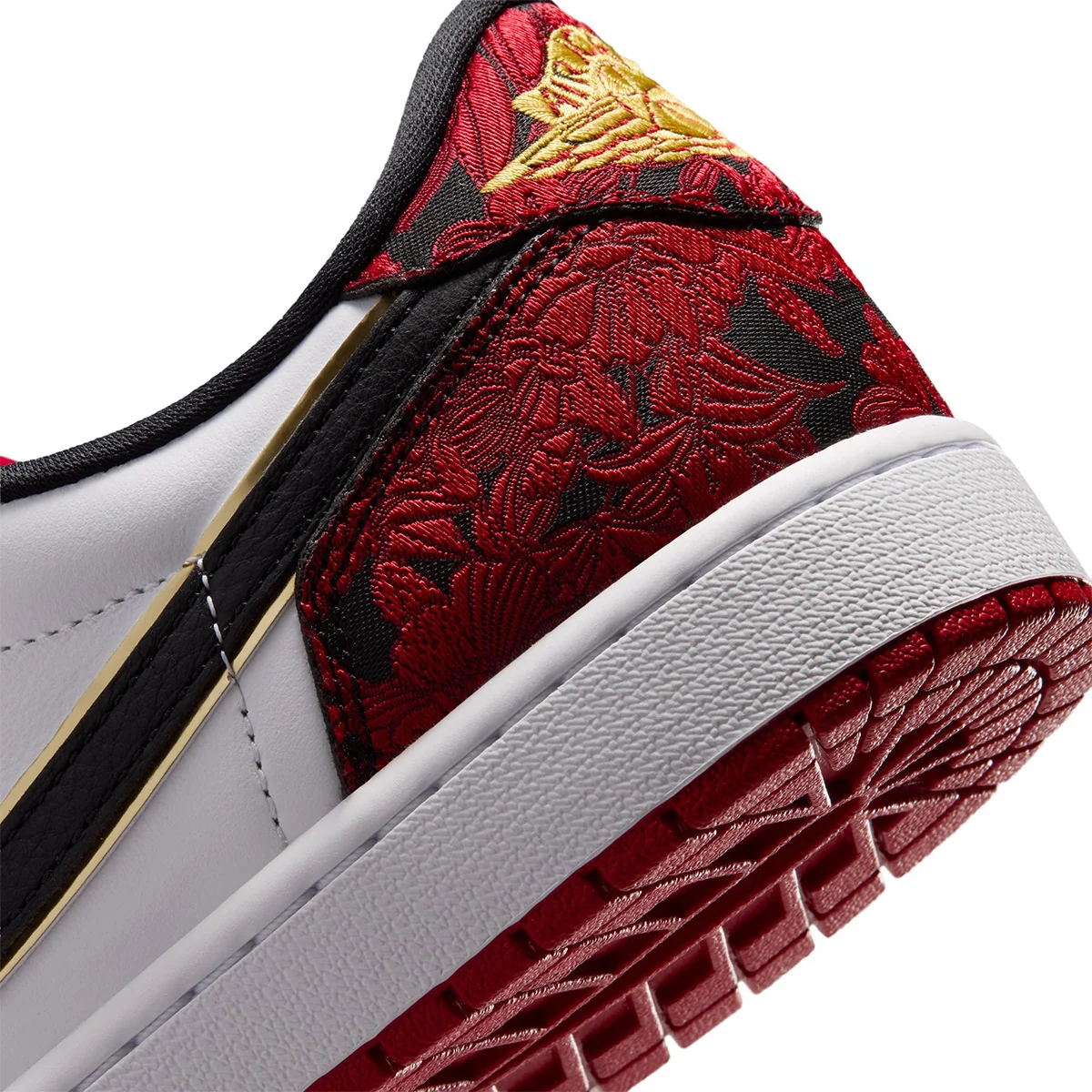 Air Jordan 1 Low Last Dance at the Garden heel detail metallic gold Swoosh outline and red jacquard