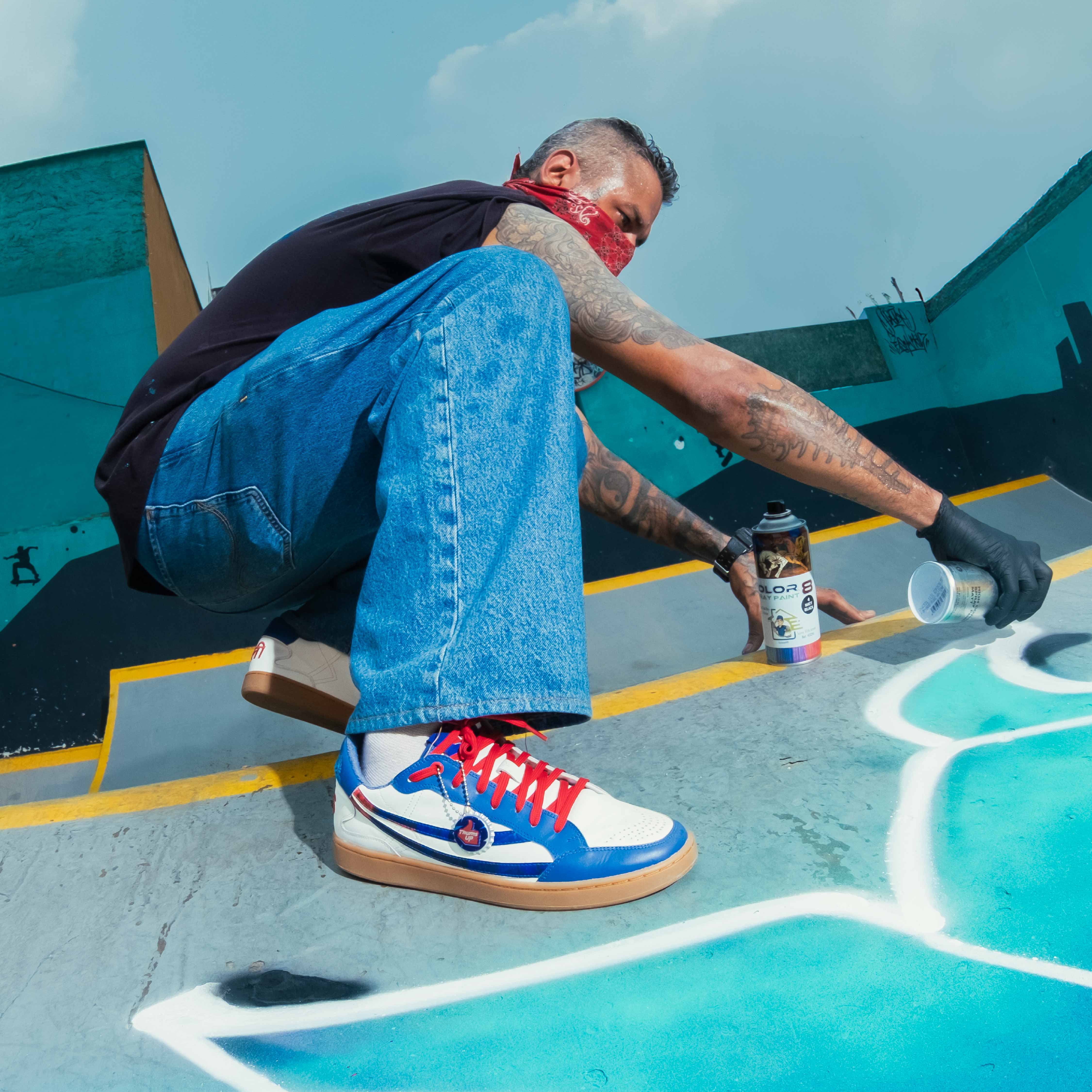 Thums Up x Gully Labs Gully Number 001 Thunder White sneaker with red eyelets and distorted artwork on the Baaz trail