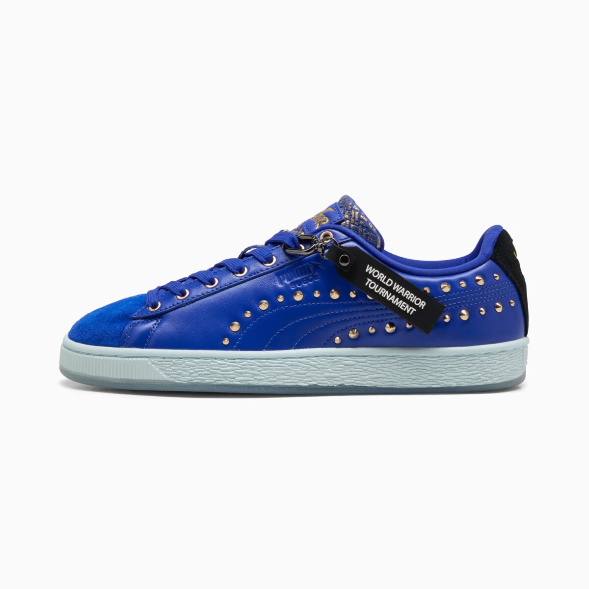 STREET FIGHTER x PUMA Suede Chun-Li 410648-01 in blue suede with gold studs and gold tongue logo