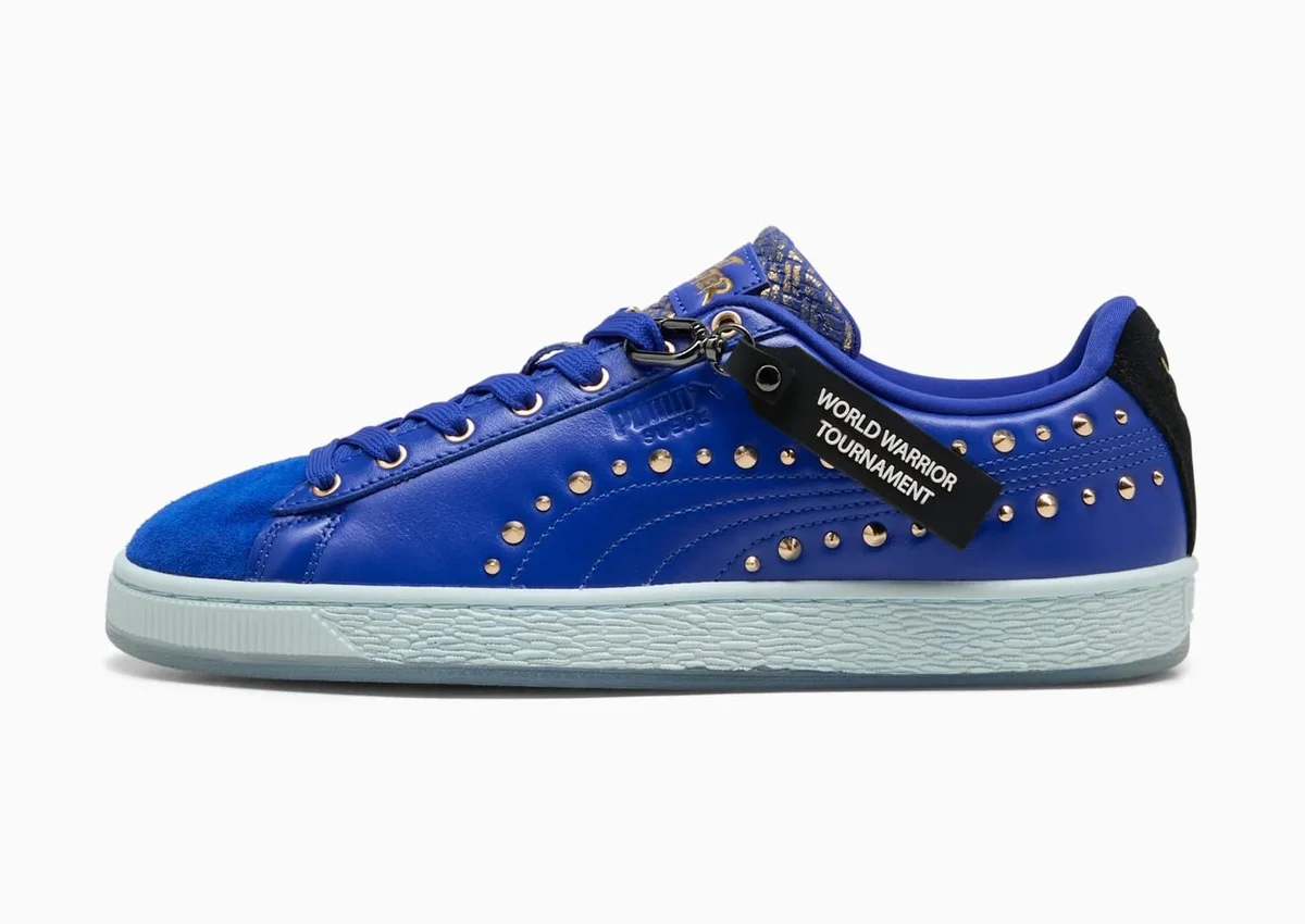 PUMA Suede Chun-Li Street Fighter lateral view with black hangtag and gold Street Fighter tongue logo