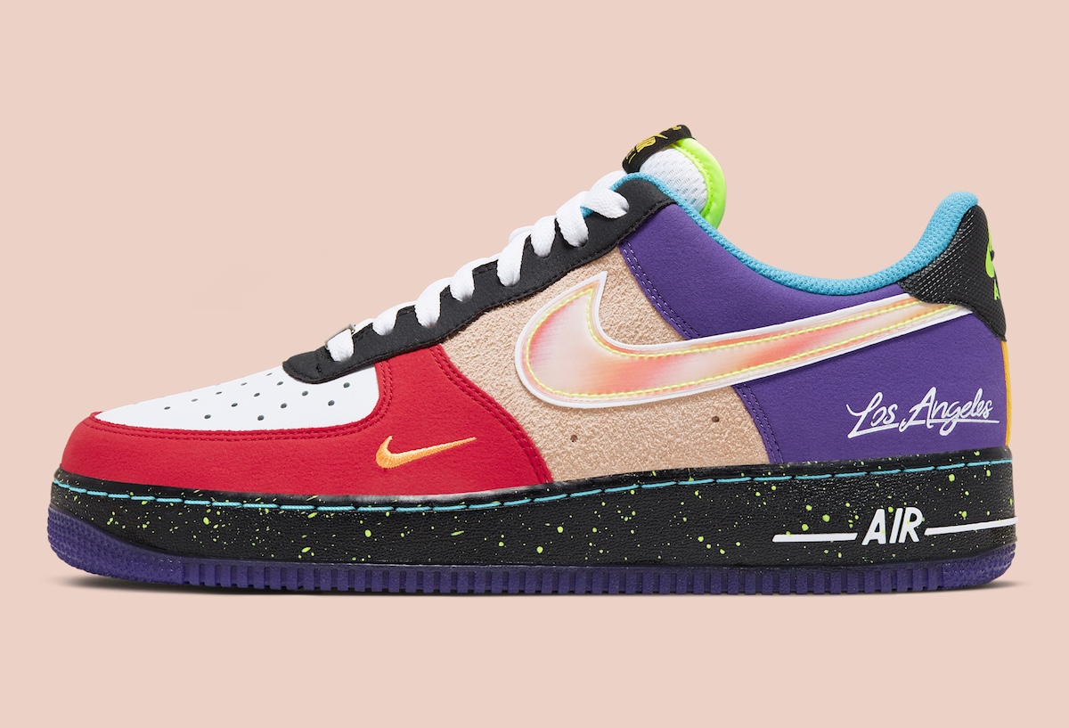 Nike Air Force 1 Low What The LA 2026 lateral view with Lakers purple heel and red toe