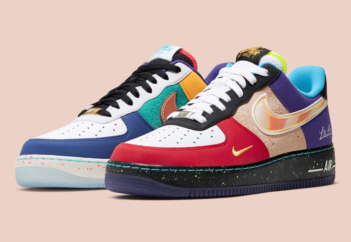 Nike Air Force 1 Low What The LA pair showing mismatched left and right shoes with Dodgers blue and Lakers purple