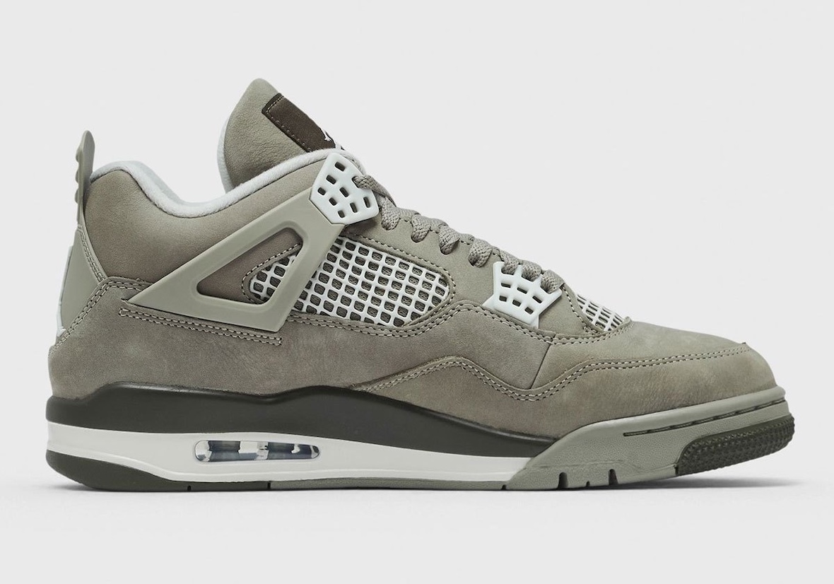 Air Jordan 4 Light Army JA5911-320 lateral view in olive nubuck with grey netting