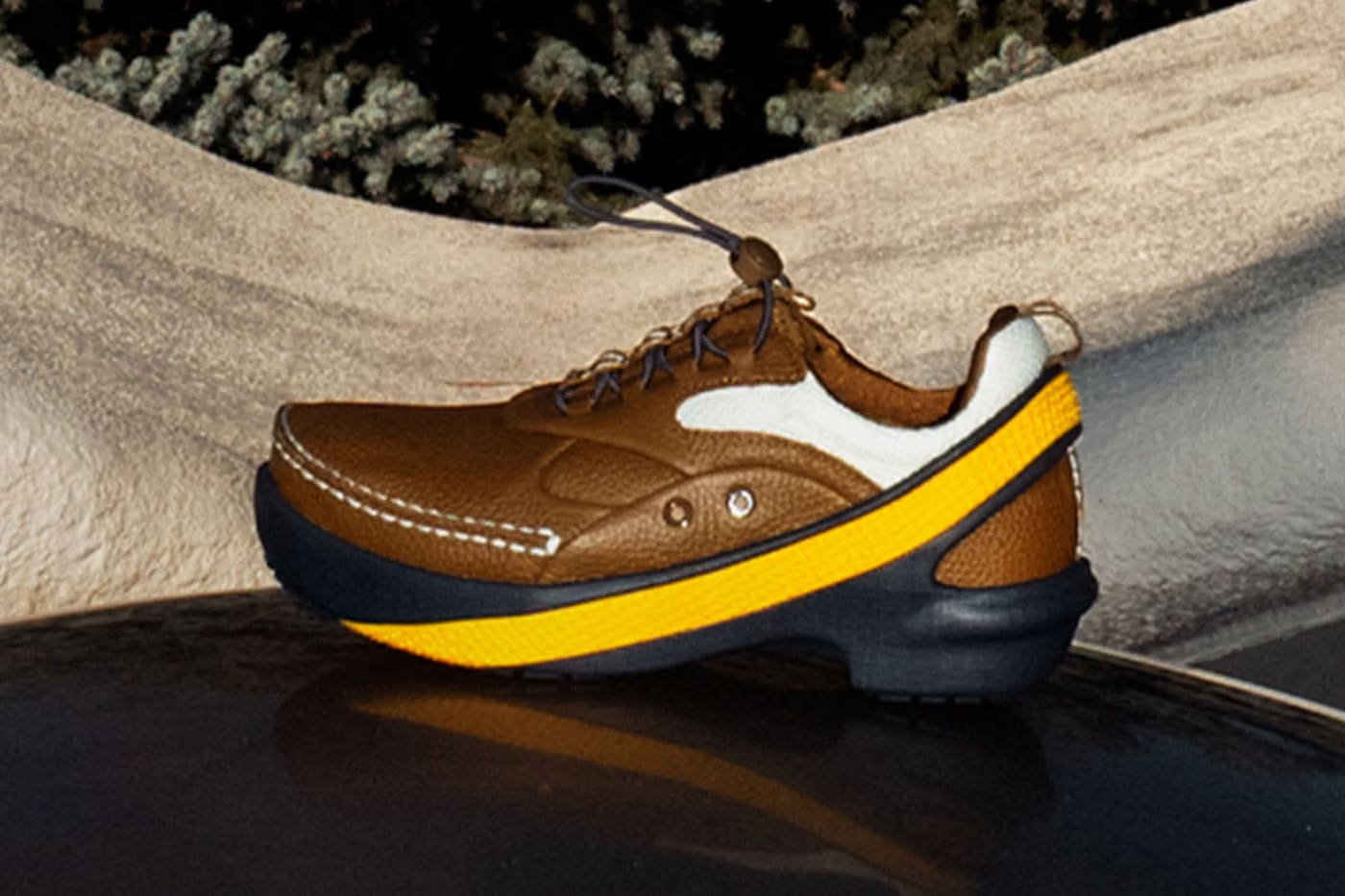 Kiko Kostadinov x Crocs VAALS Yellow Sand brown leather with yellow midsole band