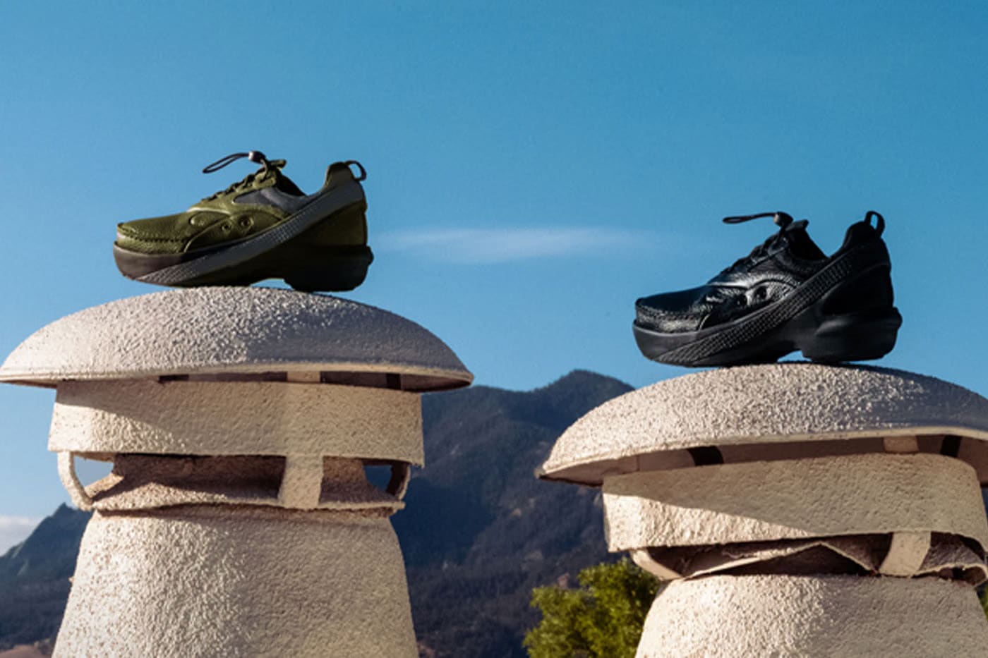 Kiko Kostadinov x Crocs VAALS Kelp and Black pairs on the Mushroom House in Boulder Colorado campaign