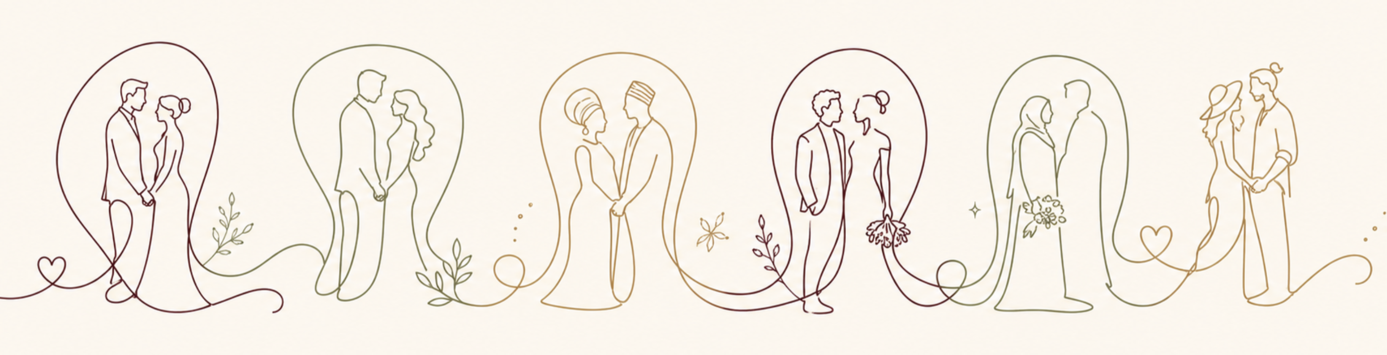 Six couples enlacés, dessinés d'un seul trait continu