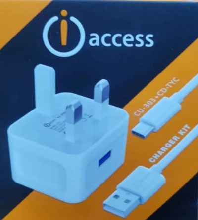 iAccess Charger Kit, model CU-303+CD-TYC, which includes a wall adapter and a USB cable. 