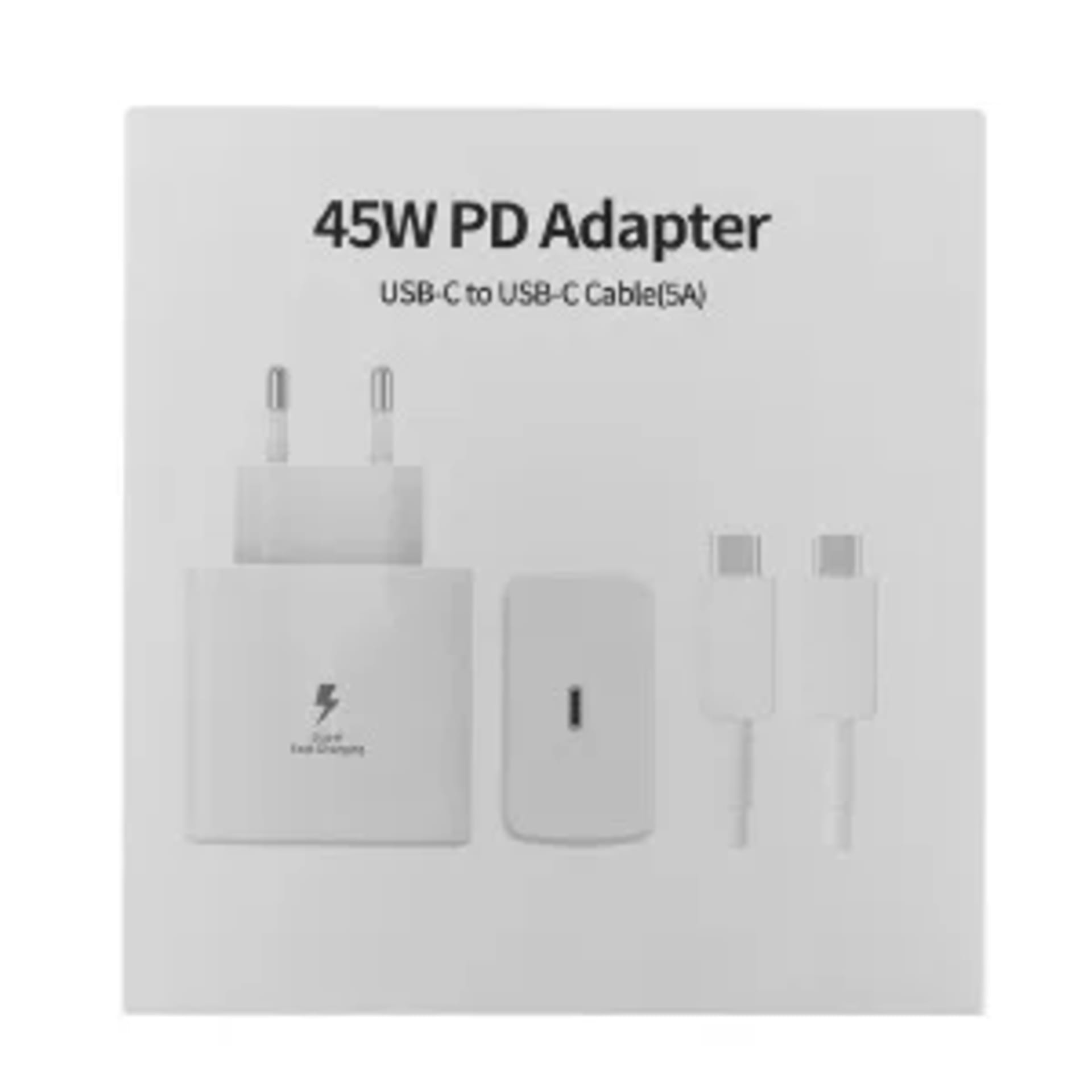 Samsung 45W PD (Power Delivery) Adapter with a USB-C to USB-C cable. 