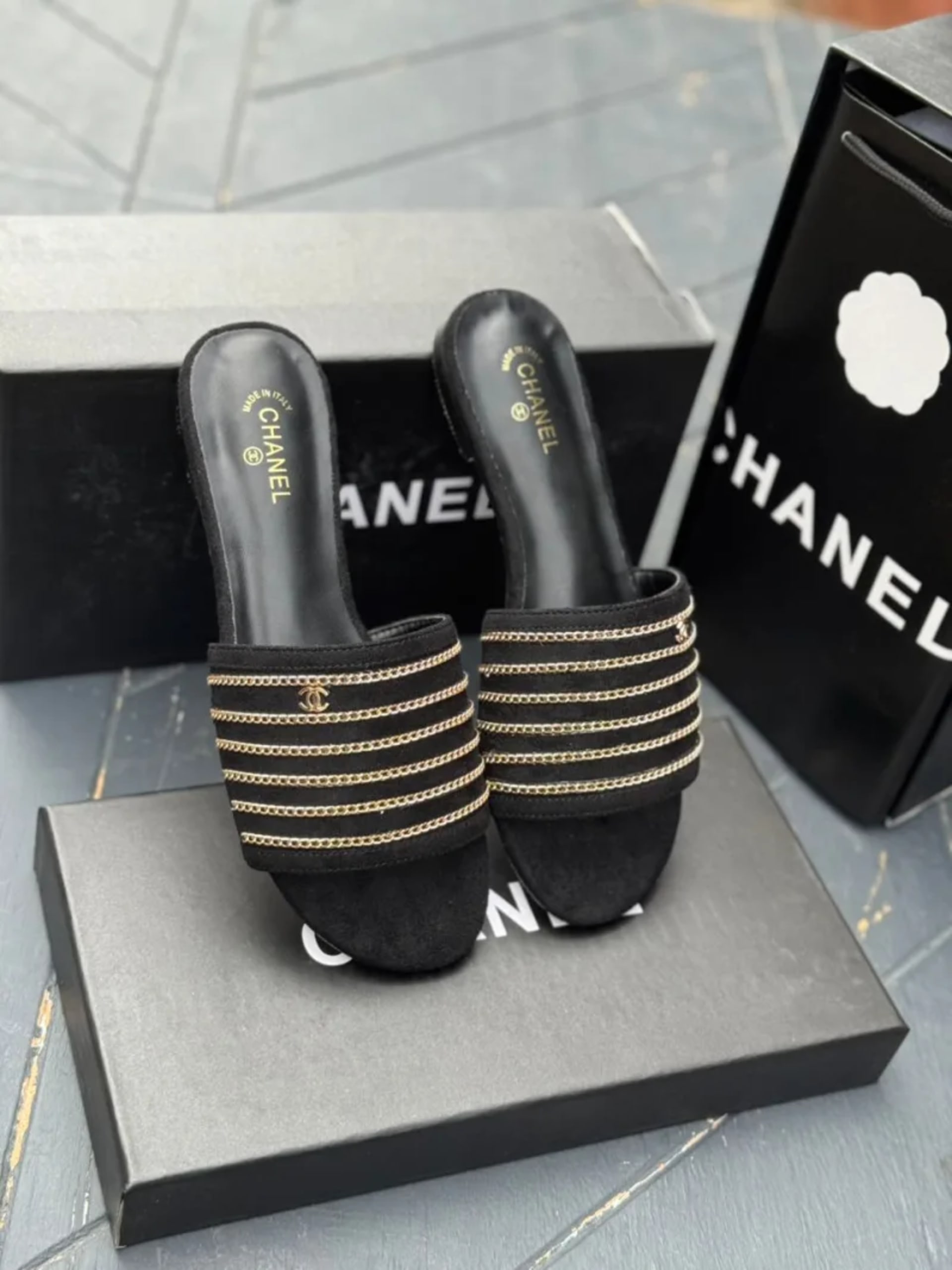 Chanel Black Suede Leather Gold Chain Slides