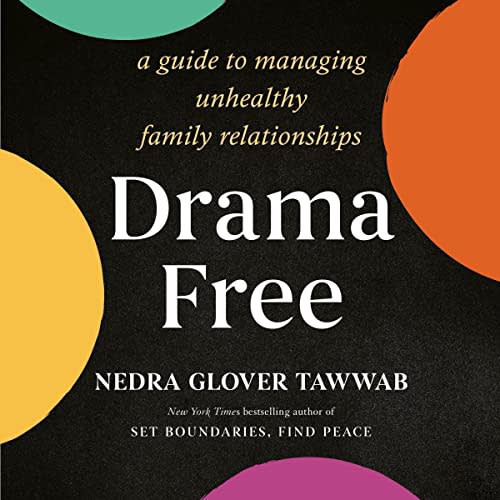 Book cover for Drama Free set with a black background and orange circles
