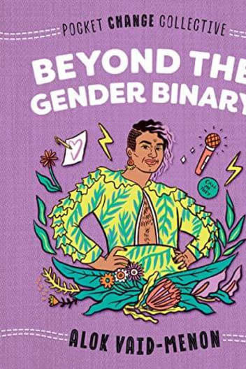 Purple book cover of Beyond the Gender Binary in a stylized jean fabric with an androgynous POC in the center