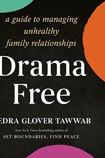 Book cover for Drama Free set with a black background and orange circles