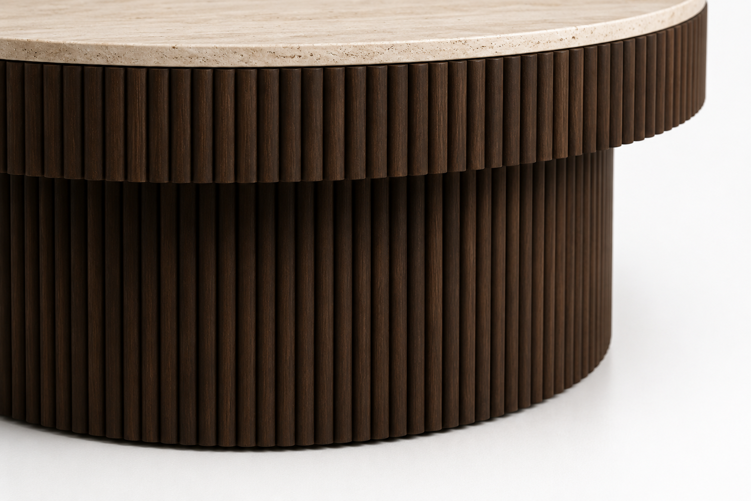 TORVANO Luxury Round Coffee Table with Natural Travertine Stone Top and Fluted Oak Veneer Base by MERAKI — view 3