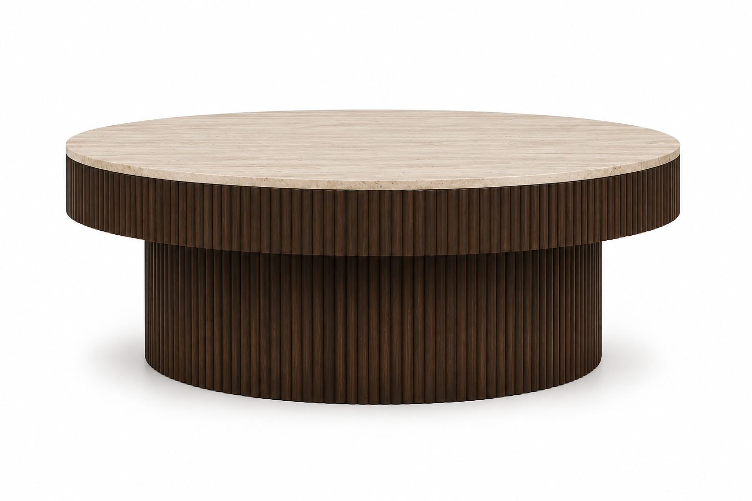 TORVANO Luxury Round Coffee Table with Natural Travertine Stone Top and Fluted Oak Veneer Base by MERAKI — view 4