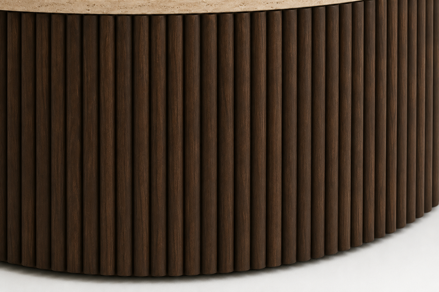 TORVANO Luxury Round Coffee Table with Natural Travertine Stone Top and Fluted Oak Veneer Base by MERAKI — view 5