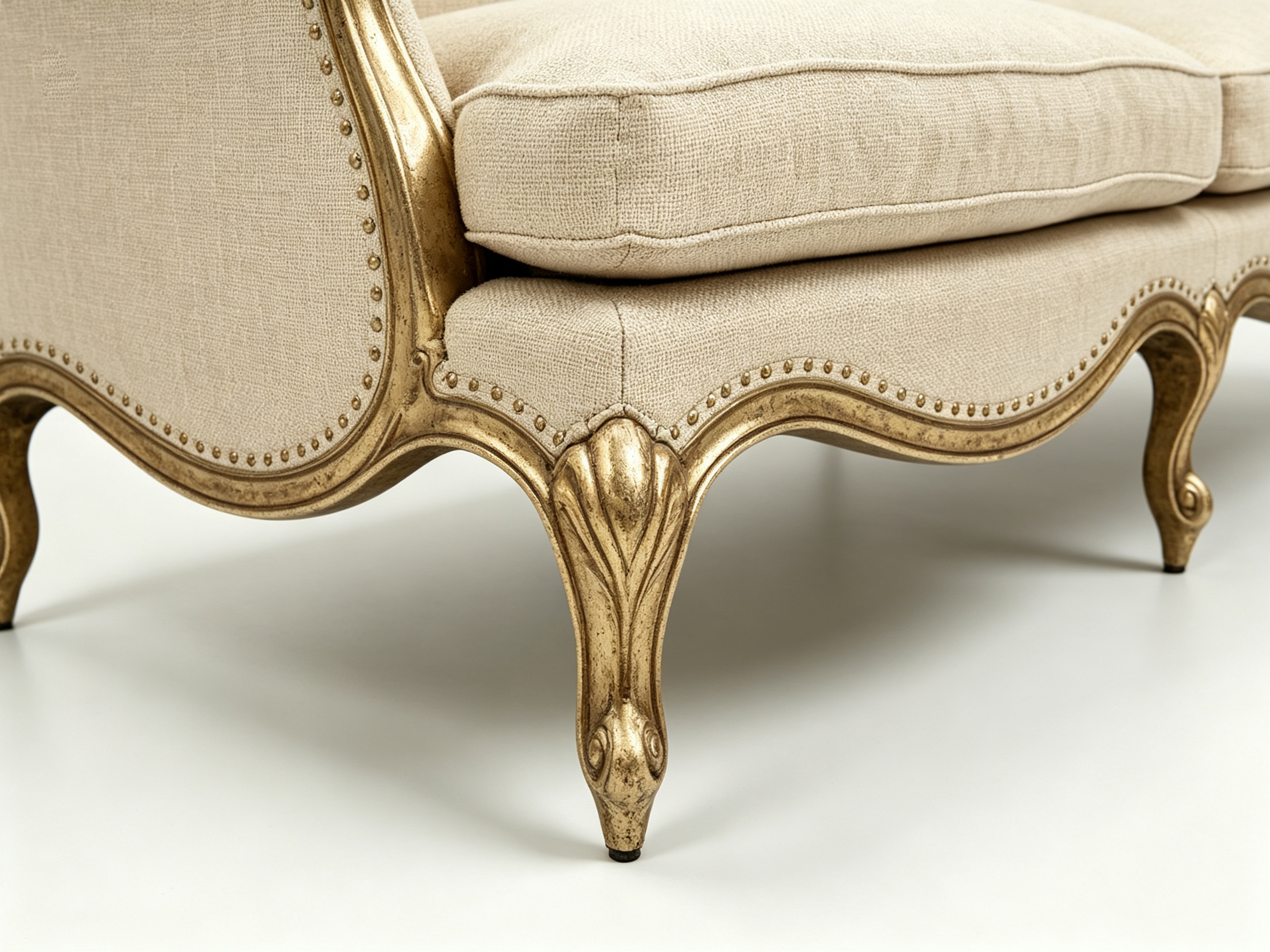 LOREVIA Luxury Classic Sofa with Hand-Carved Solid Wood Frame, Antique Gold Leaf Finish and Warm Ivory Linen Upholstery by MERAKI — view 3