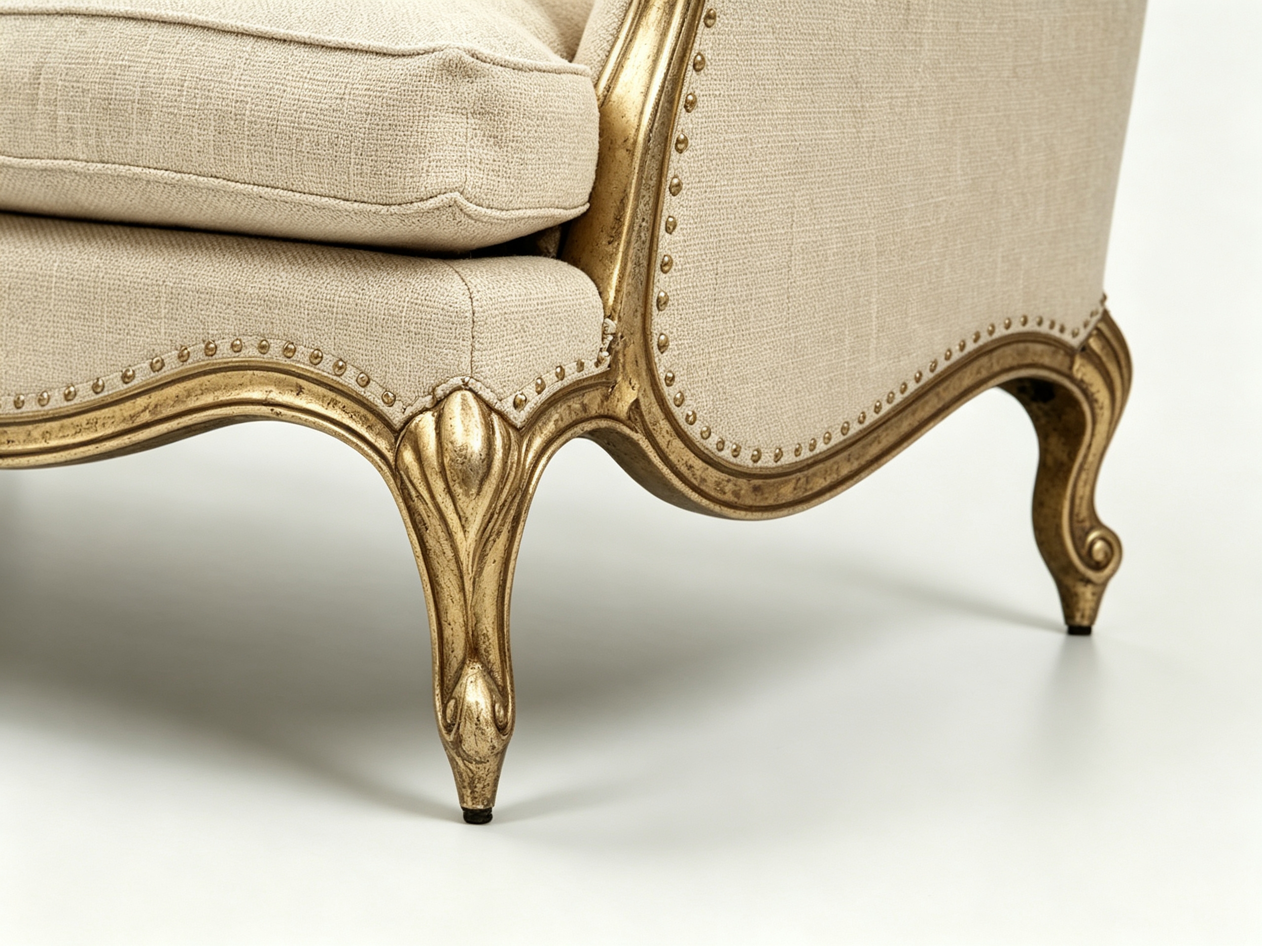 LOREVIA Luxury Classic Sofa with Hand-Carved Solid Wood Frame, Antique Gold Leaf Finish and Warm Ivory Linen Upholstery by MERAKI — view 4