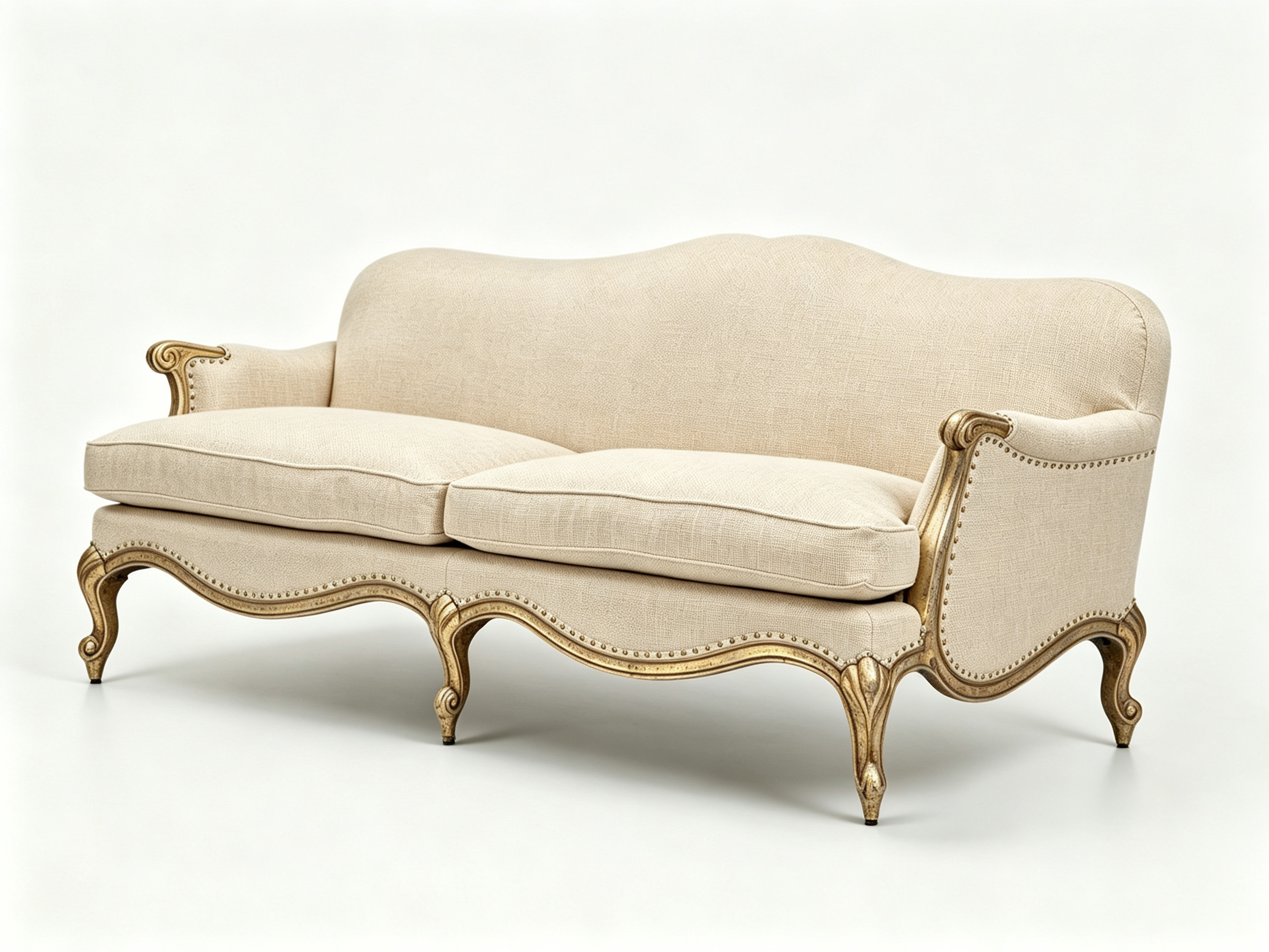 LOREVIA Luxury Classic Sofa with Hand-Carved Solid Wood Frame, Antique Gold Leaf Finish and Warm Ivory Linen Upholstery by MERAKI — view 5