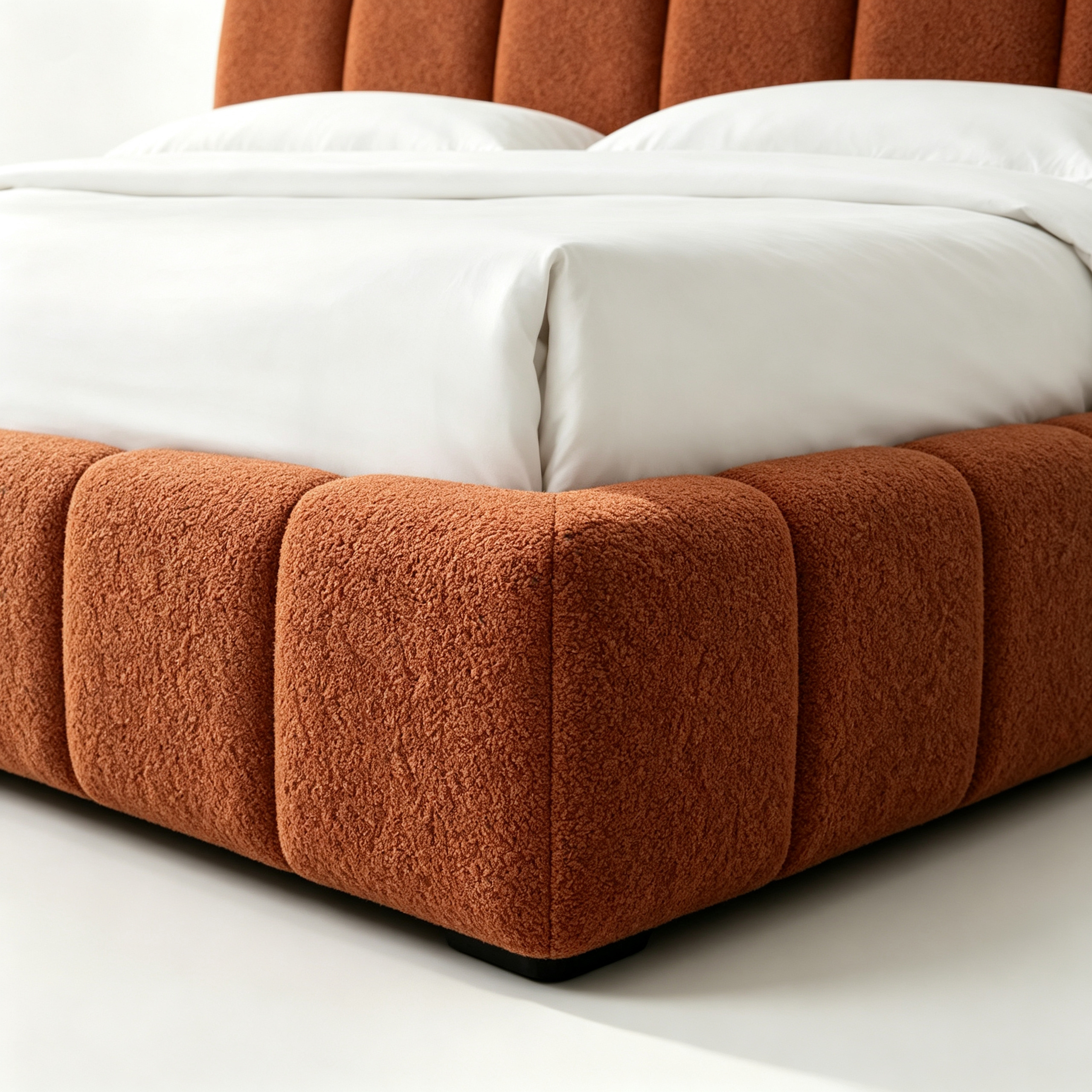 SORVANO Luxury Upholstered Bed with Vertical Channel Tufted Headboard in Burnt Terracotta Bouclé Fabric by MERAKI — view 3