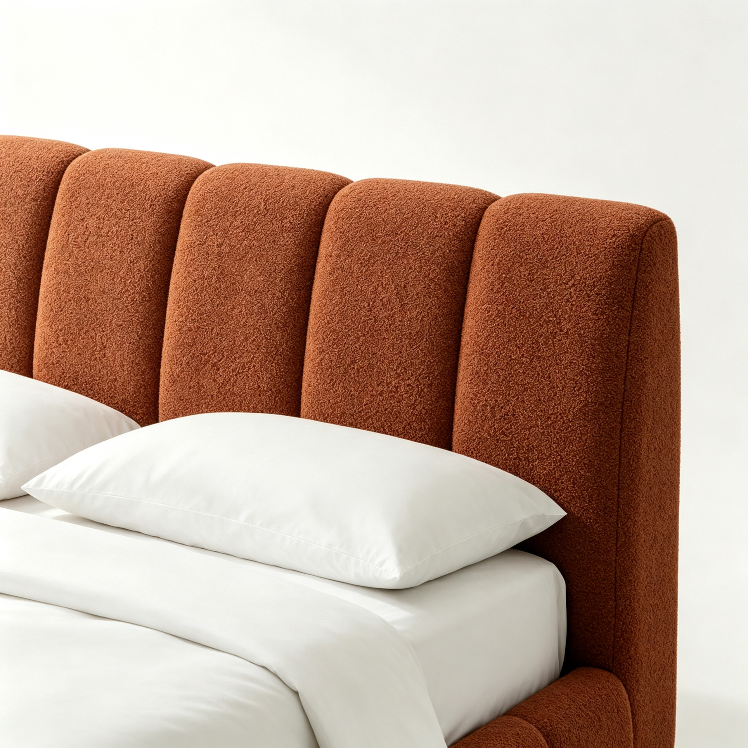 SORVANO Luxury Upholstered Bed with Vertical Channel Tufted Headboard in Burnt Terracotta Bouclé Fabric by MERAKI — view 4
