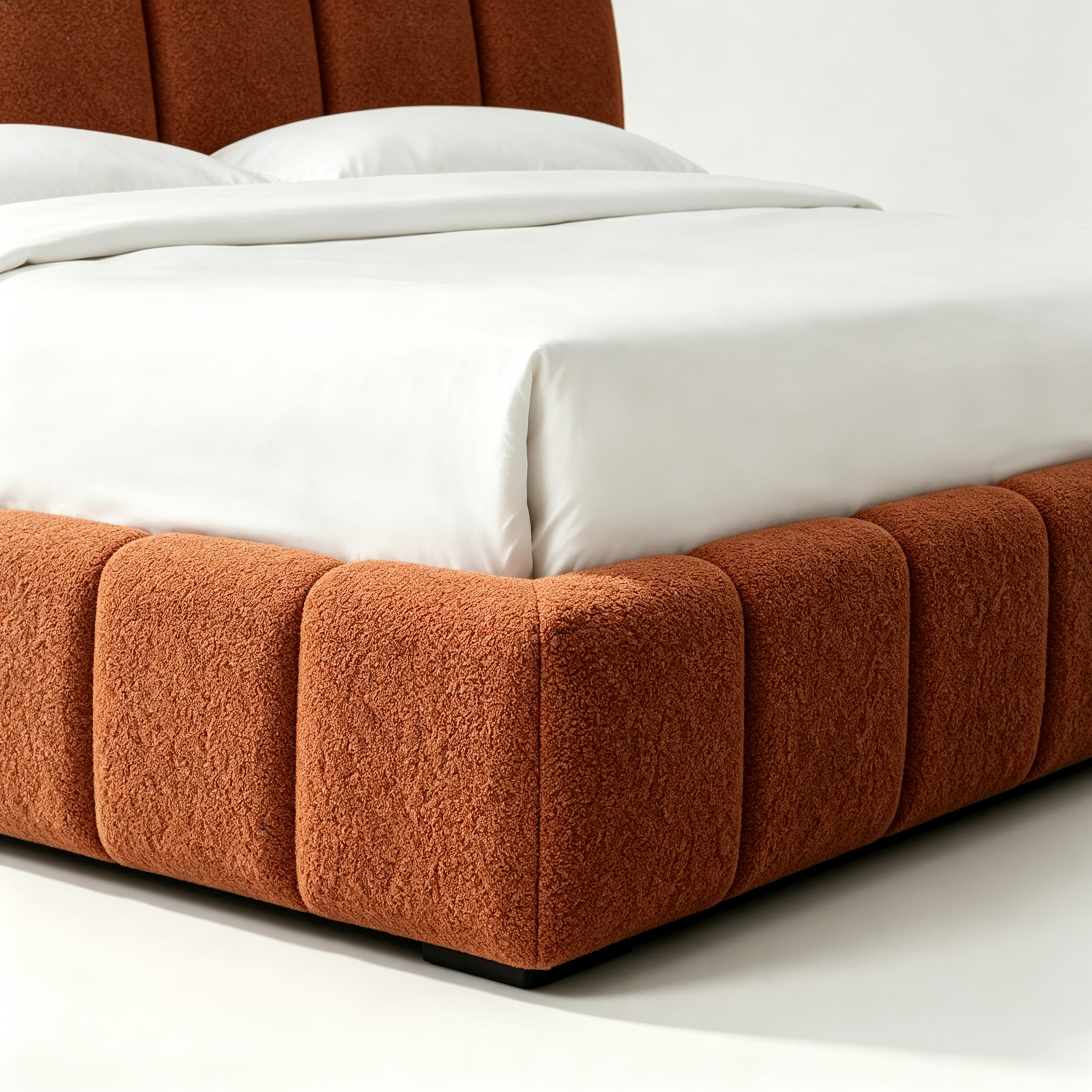 SORVANO Luxury Upholstered Bed with Vertical Channel Tufted Headboard in Burnt Terracotta Bouclé Fabric by MERAKI — view 5