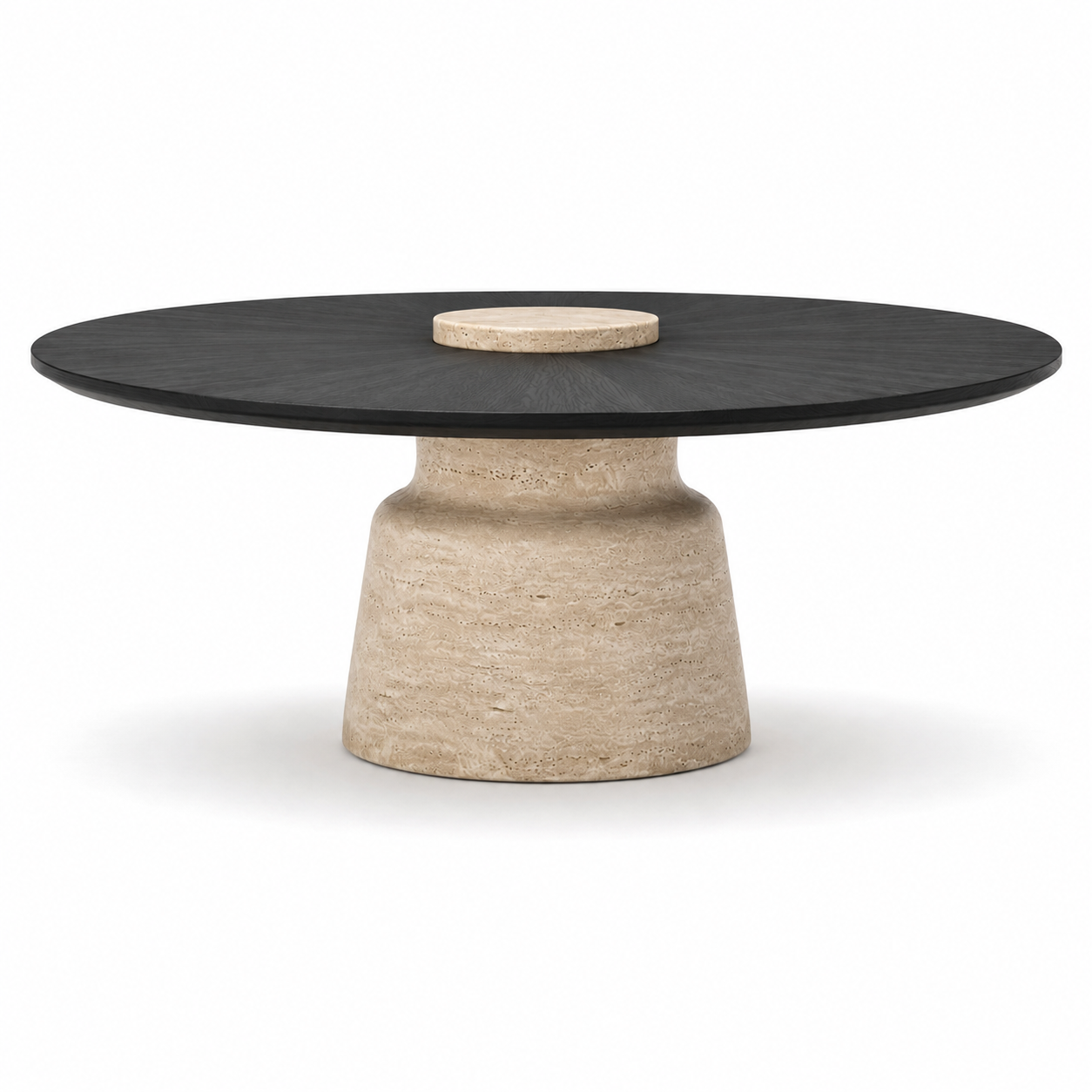 TAVERO luxury round center table with matte black sunburst oak veneer top and sculpted solid travertine pedestal — view 4