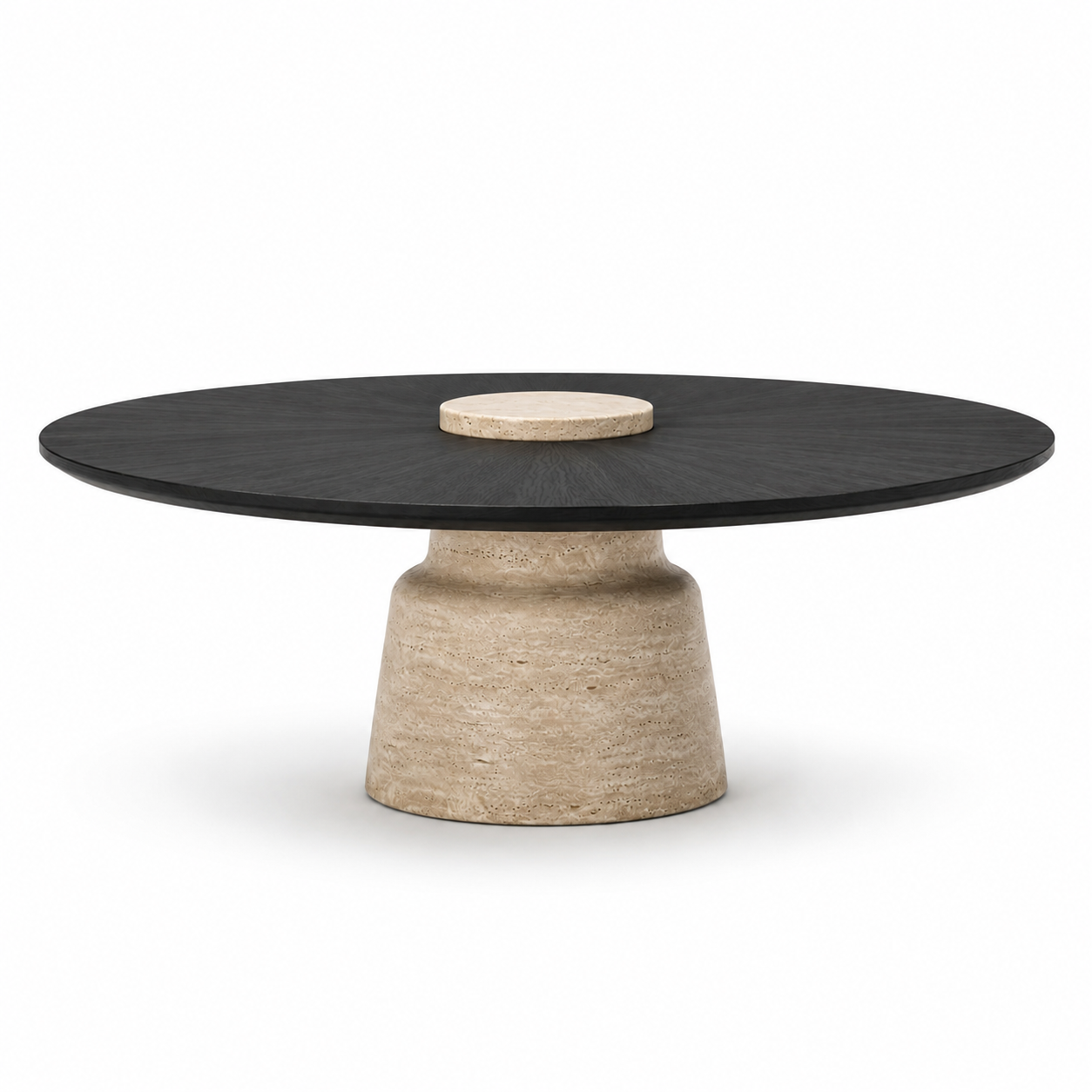 TAVERO luxury round center table with matte black sunburst oak veneer top and sculpted solid travertine pedestal — view 3