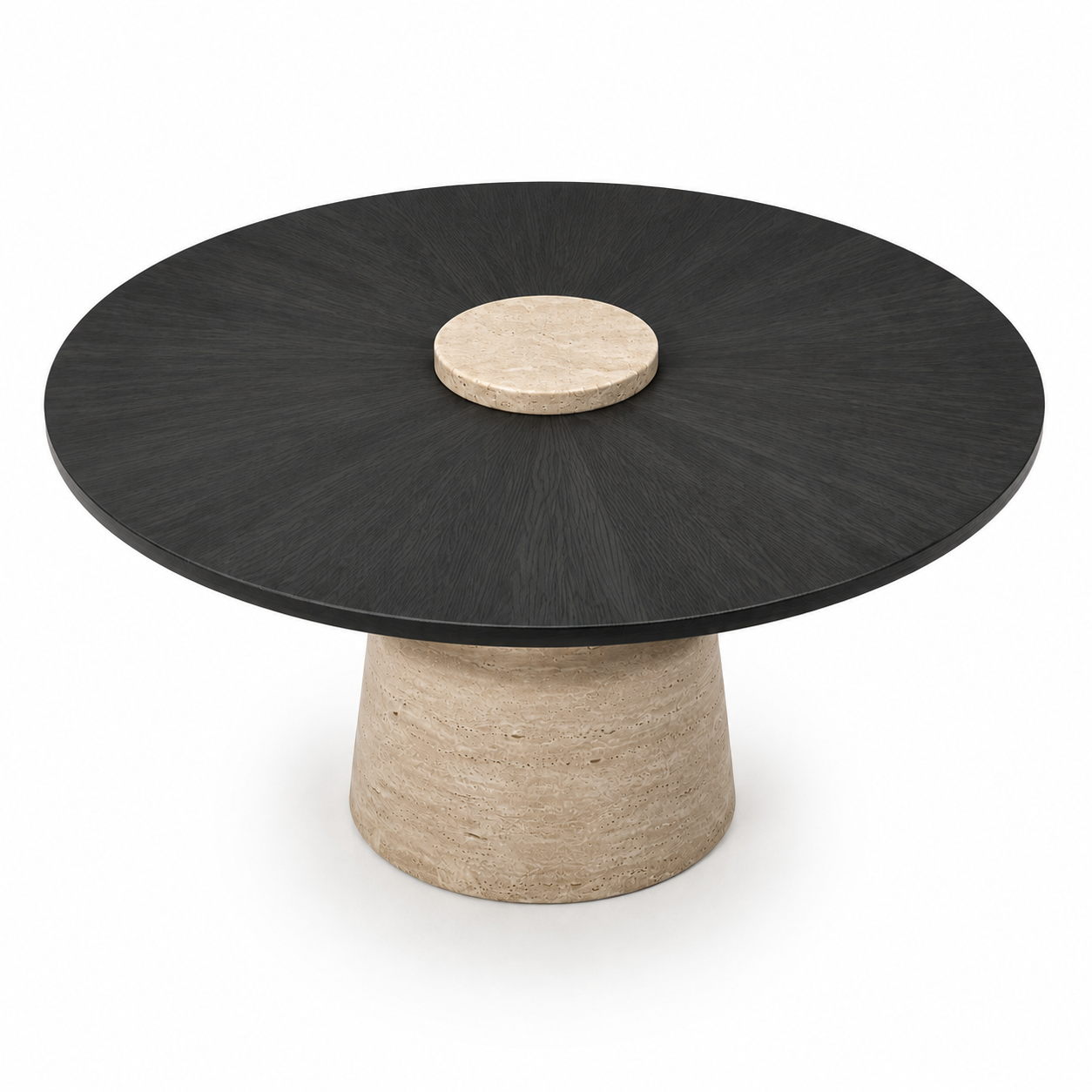 TAVERO luxury round center table with matte black sunburst oak veneer top and sculpted solid travertine pedestal — view 5