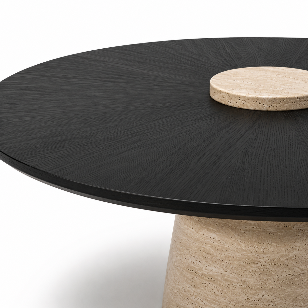 TAVERO luxury round center table with matte black sunburst oak veneer top and sculpted solid travertine pedestal — view 6