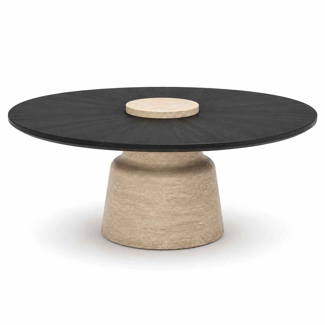 TAVERO luxury round center table with matte black sunburst oak veneer top and sculpted solid travertine pedestal — view 8