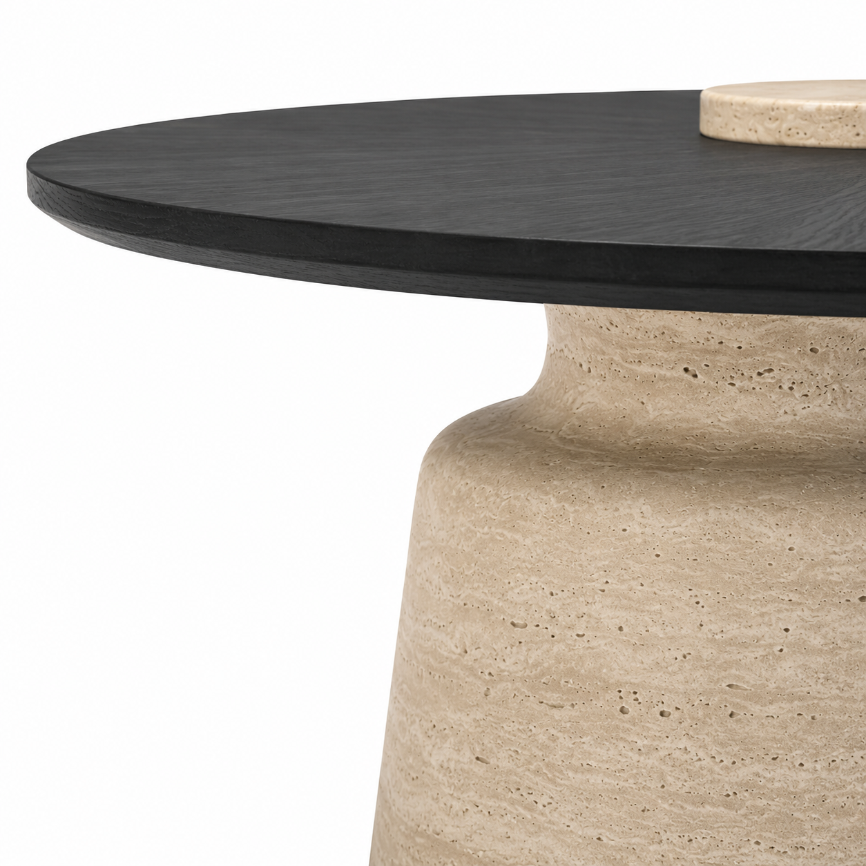 TAVERO luxury round center table with matte black sunburst oak veneer top and sculpted solid travertine pedestal — view 7