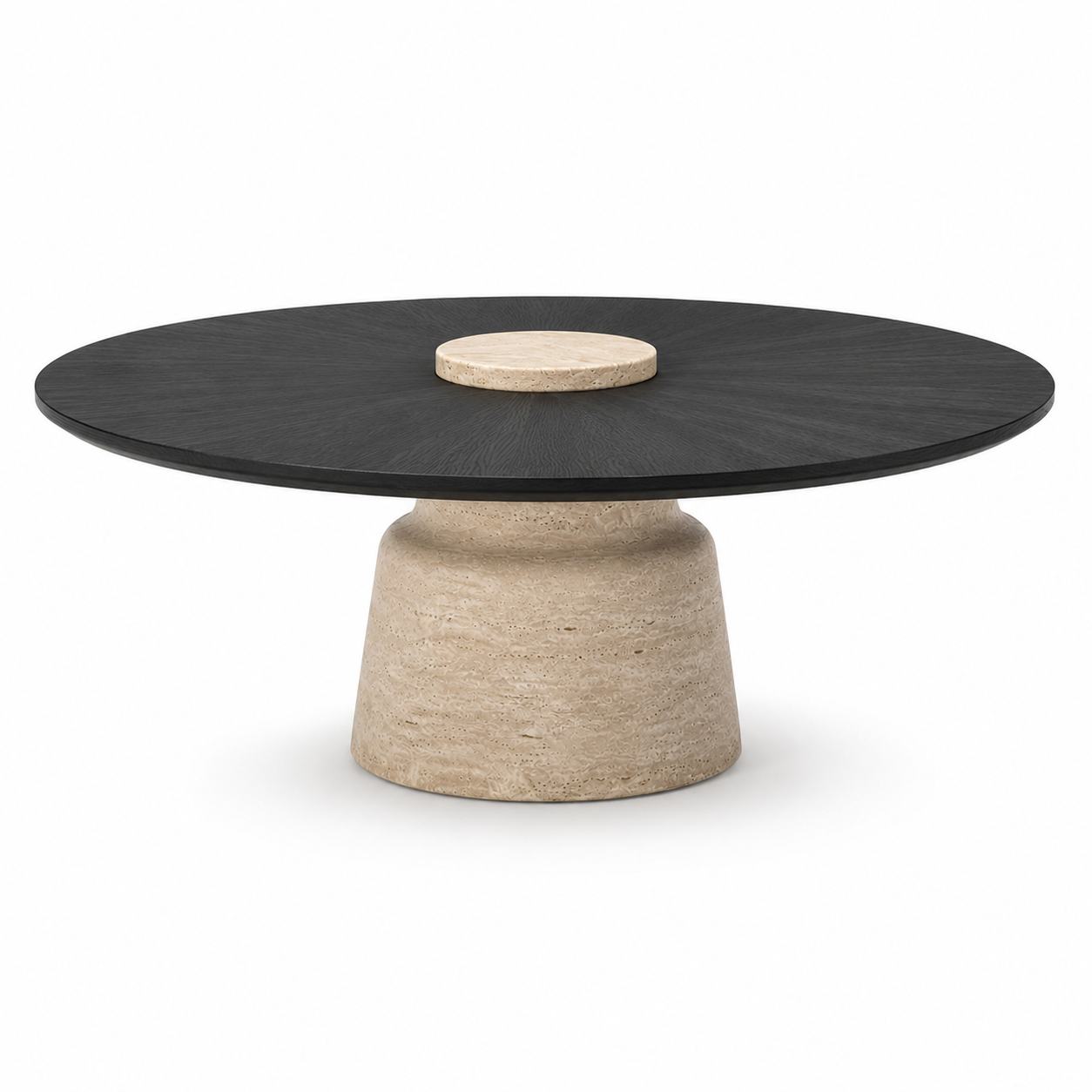 TAVERO luxury round center table with matte black sunburst oak veneer top and sculpted solid travertine pedestal — view 9