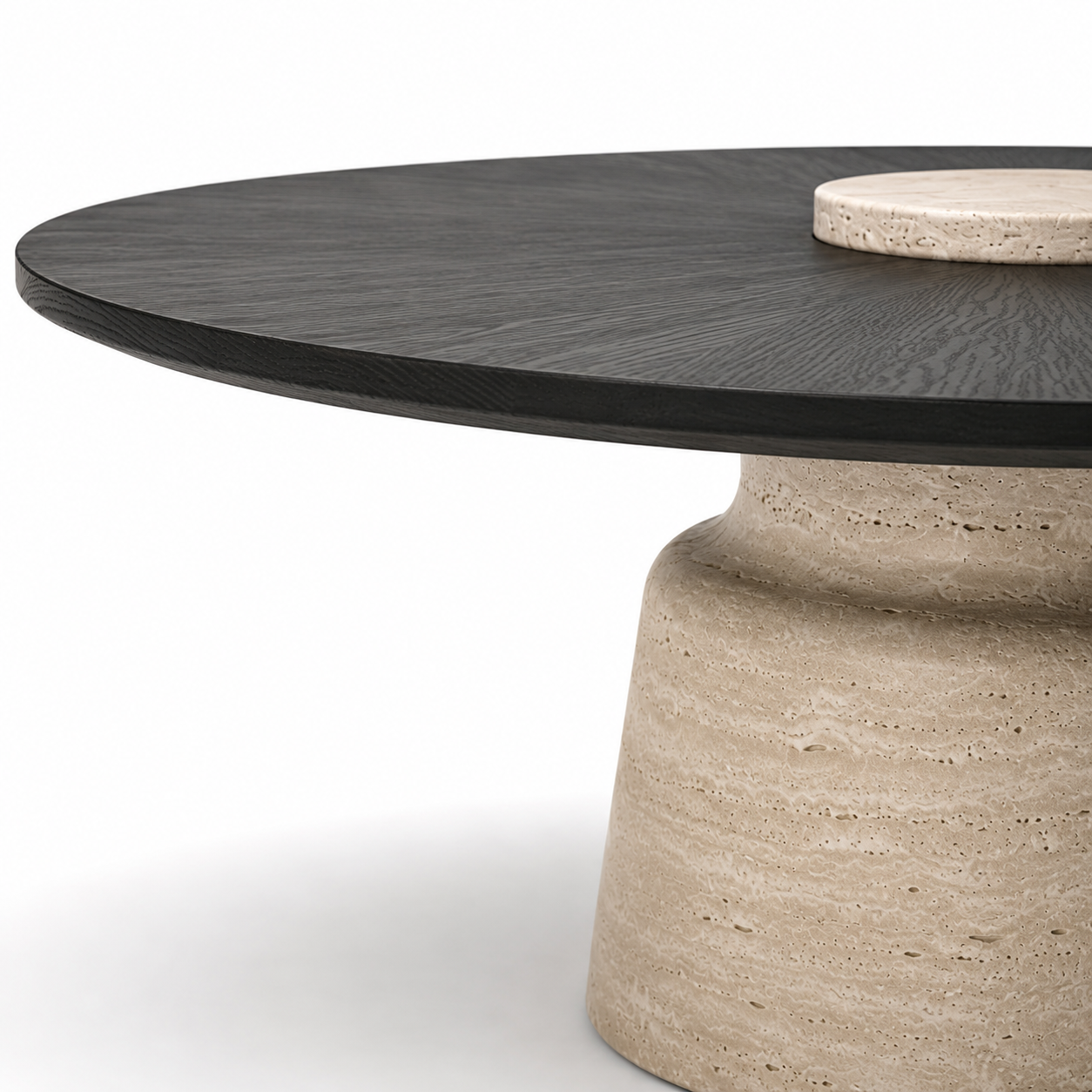 TAVERO luxury round center table with matte black sunburst oak veneer top and sculpted solid travertine pedestal — view 10