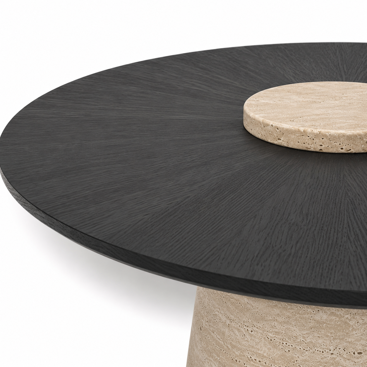 TAVERO luxury round center table with matte black sunburst oak veneer top and sculpted solid travertine pedestal — view 12