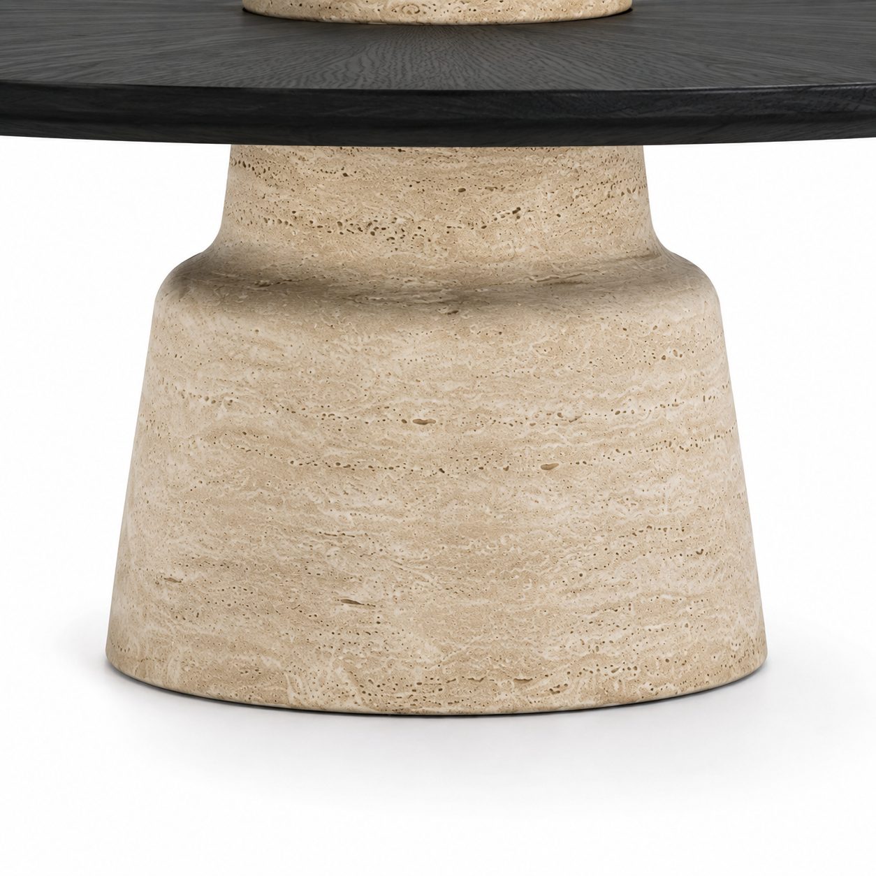 TAVERO luxury round center table with matte black sunburst oak veneer top and sculpted solid travertine pedestal — view 11