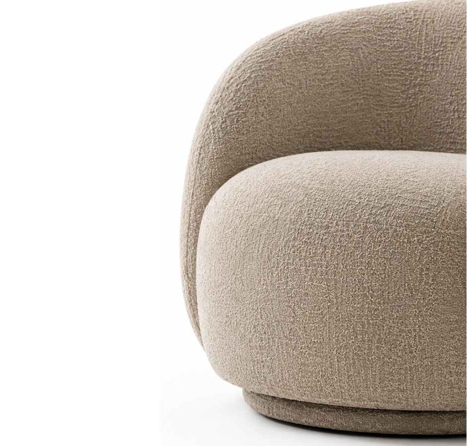 CALVENA luxury curved lounge chair with warm ivory textured upholstery, integrated arms and sculptural upholstered base — view 3