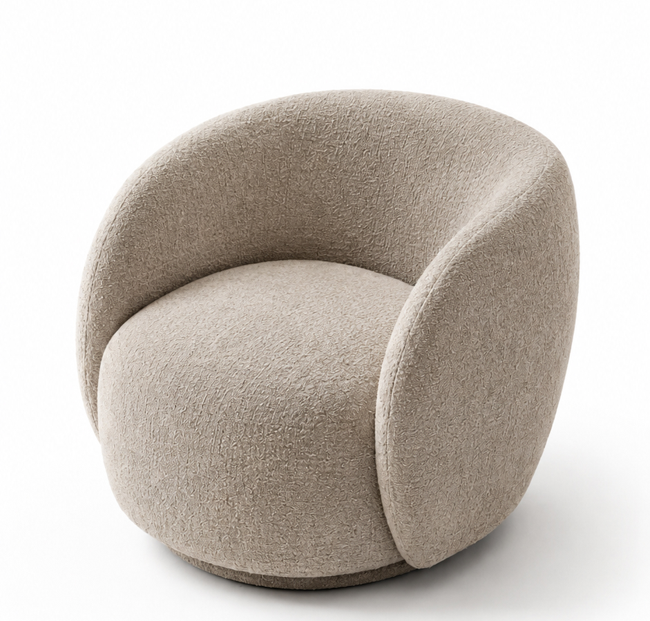 CALVENA luxury curved lounge chair with warm ivory textured upholstery, integrated arms and sculptural upholstered base — view 4
