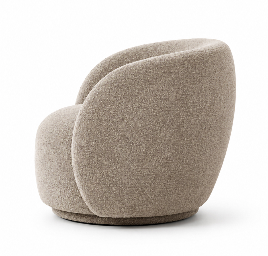 CALVENA luxury curved lounge chair with warm ivory textured upholstery, integrated arms and sculptural upholstered base — view 6