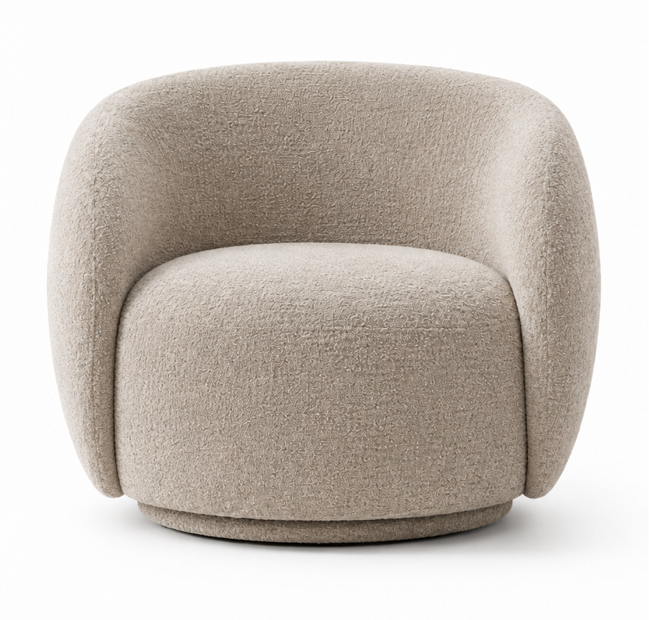 CALVENA luxury curved lounge chair with warm ivory textured upholstery, integrated arms and sculptural upholstered base — view 8