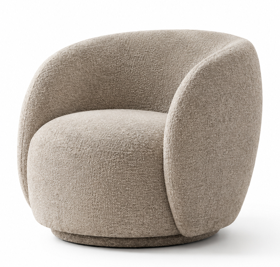 CALVENA luxury curved lounge chair with warm ivory textured upholstery, integrated arms and sculptural upholstered base — view 9