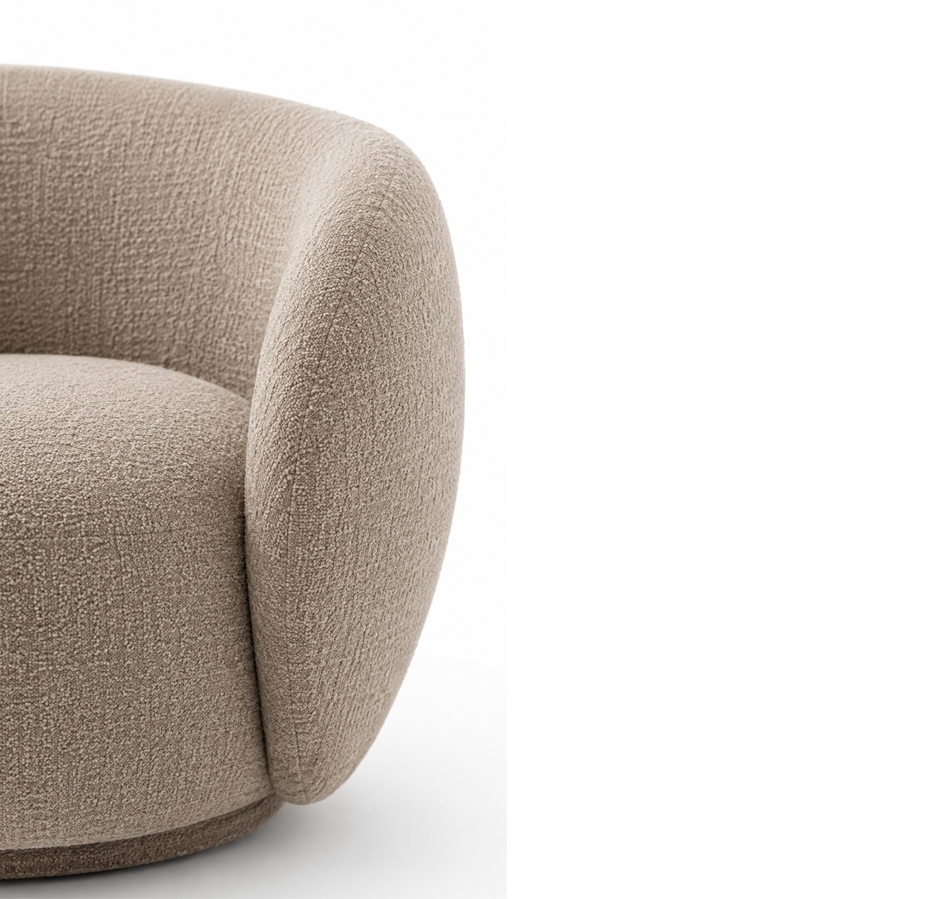 CALVENA luxury curved lounge chair with warm ivory textured upholstery, integrated arms and sculptural upholstered base — view 10
