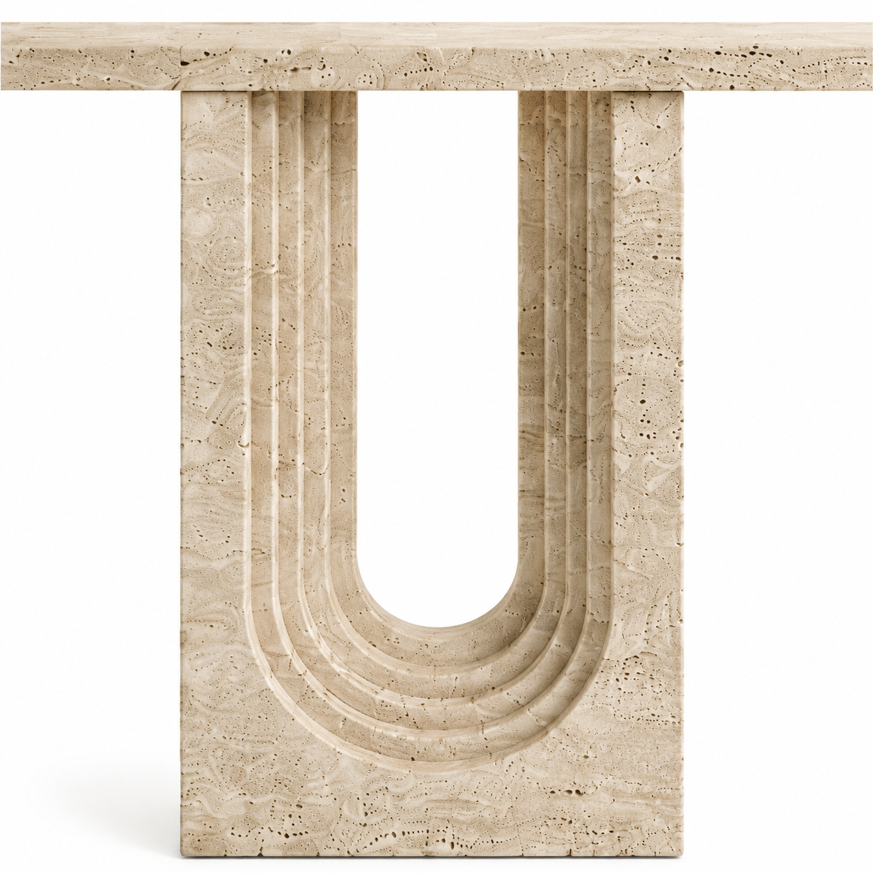 ORLENO solid natural travertine console table with sculptural U-form pedestal and handcrafted stepped stone detailing — view 3